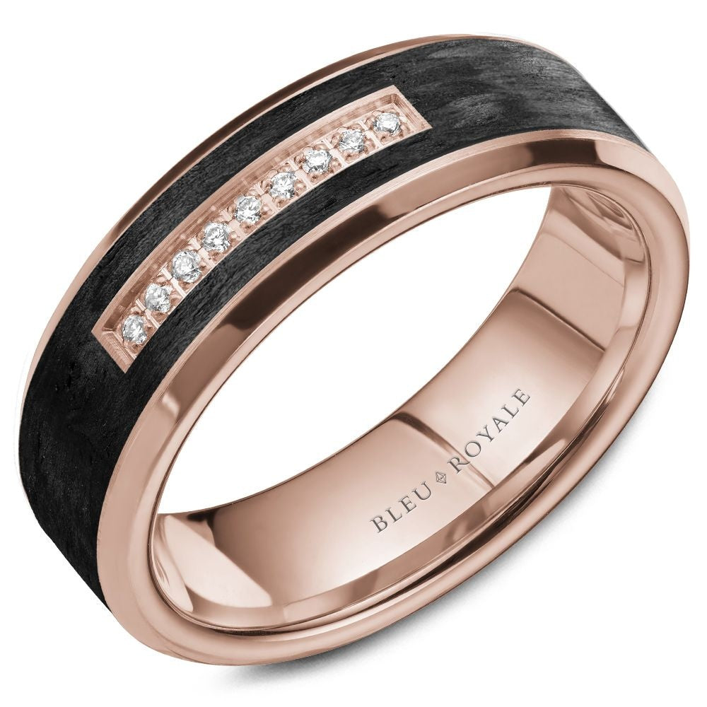 Bleu Royale Men's Wedding Band - 14K Rose Gold & Forged Carbon Fiber with Round Diamond Channel- 0.05 Carat Total Diamond Weight - 7mm Width from the Diamond Collection