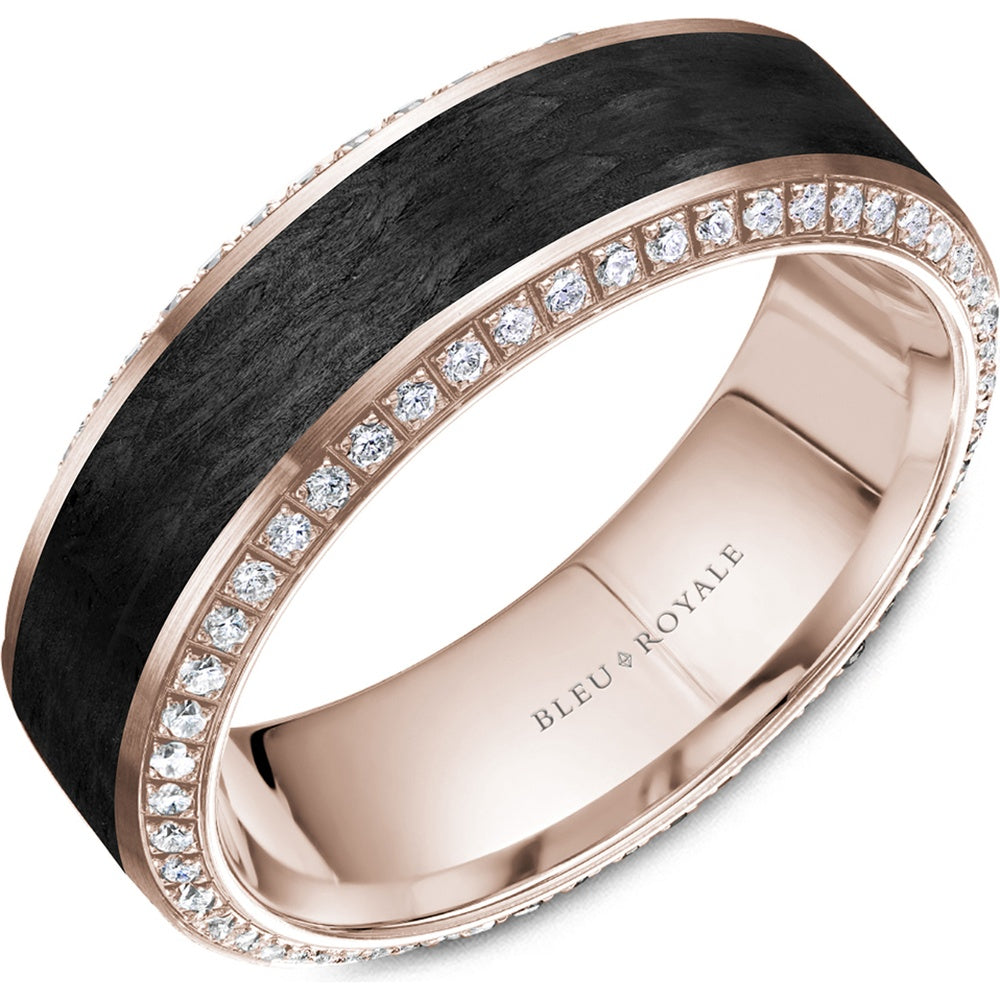 Bleu Royale Men's Wedding Band - 14K Rose Gold & Forged Carbon Fiber with Round Diamond Edges- 0.66 Carat Total Diamond Weight - 7.5mm Width from the Diamond Collection