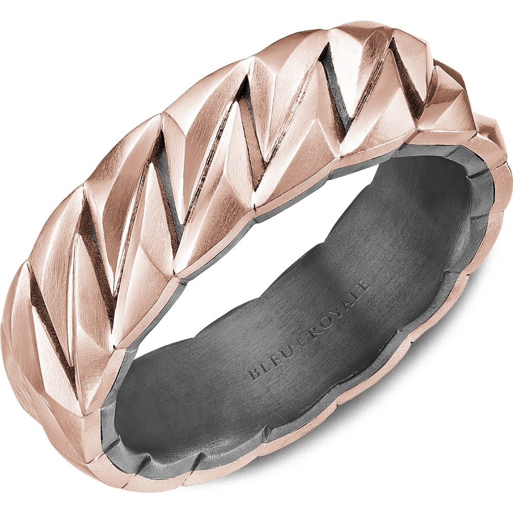 Bleu Royale Men's Wedding Band - 14K Rose Gold and Tantalum Geometric with Sandpaper Finish - 7mm Width from the Geometric Collection