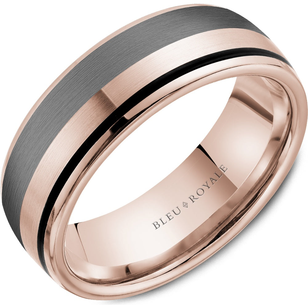 Bleu Royale Men's Wedding Band - 14K Rose Gold and Tantalum with Black Enamel and Sandpaper Finish - 7.5mm Width from the Tantalum & Precious Metal Collection