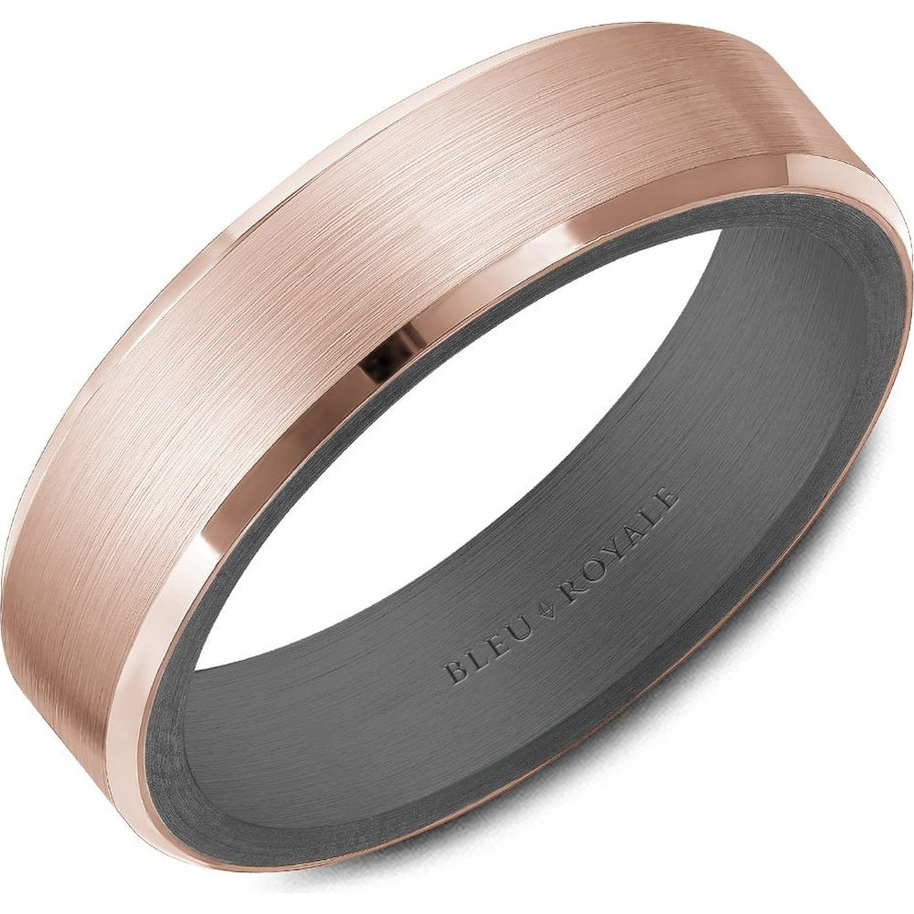 Bleu Royale Men's Wedding Band - 14K Rose Gold and Tantalum with Brushed Sandpaper Top and High Polish Bevel - 6mm Width from the Tantalum & Precious Metal Collection