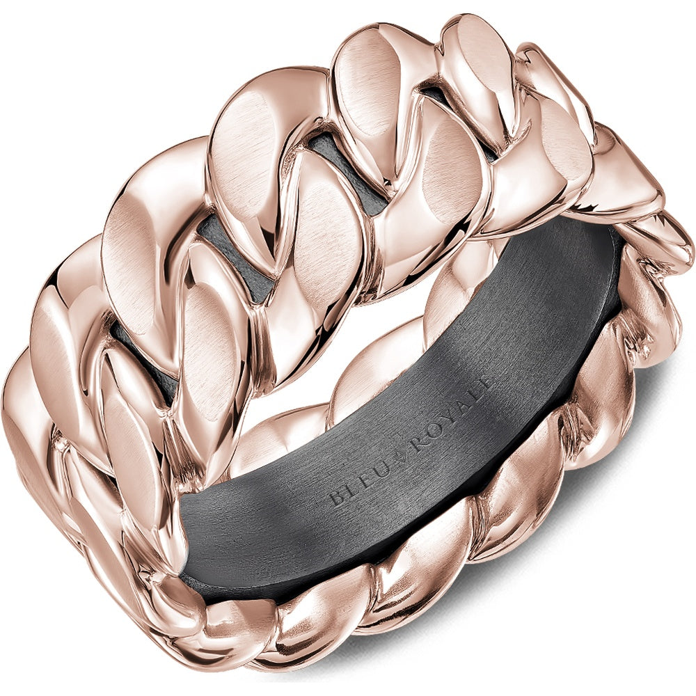 Bleu Royale Men's Wedding Band - 14K Rose Gold and Tantalum with Chain Link Motif and Sandpaper Finish - 10mm Width from the Geometric Collection
