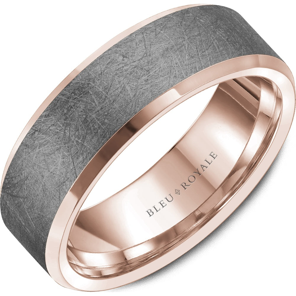 Bleu Royale Men's Wedding Band - 14K Rose Gold and Tantalum with Diamond Brushed Center and High Polish Sides - 7.5mm Width from the Tantalum & Precious Metal Collection