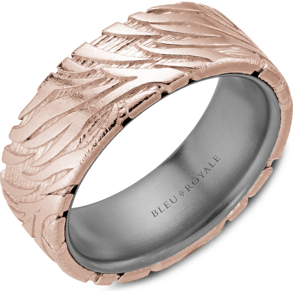 Bleu Royale Men's Wedding Band - 14K Rose Gold and Tantalum with Frosted Feathered Motif- Size 10 - 8mm Width from the Tantalum & Precious Metal Collection