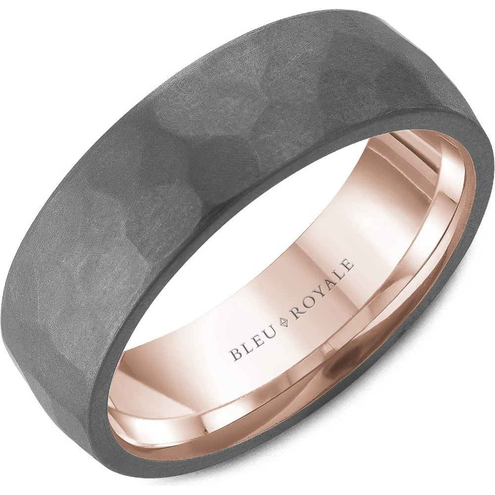 Bleu Royale Men's Wedding Band - 14K Rose Gold and Tantalum with Frosted Hammered Finish - 7mm Width from the Tantalum & Precious Metal Collection