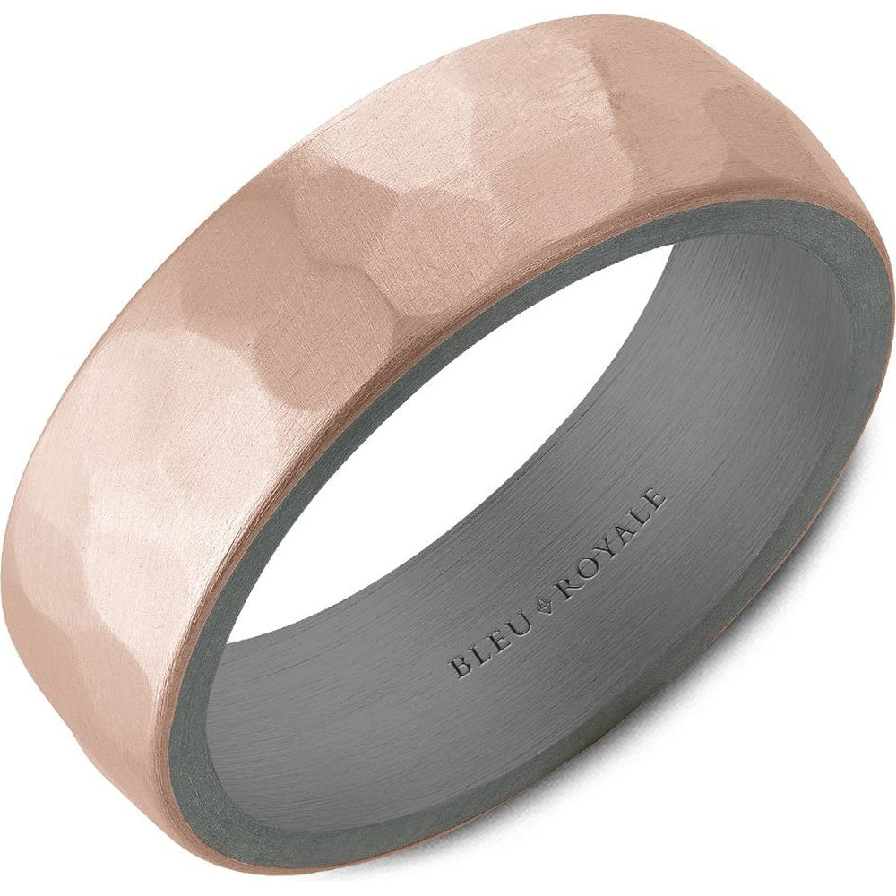 Bleu Royale Men's Wedding Band - 14K Rose Gold and Tantalum with Frosted Hammered Finish - 7mm Width from the Tantalum & Precious Metal Collection