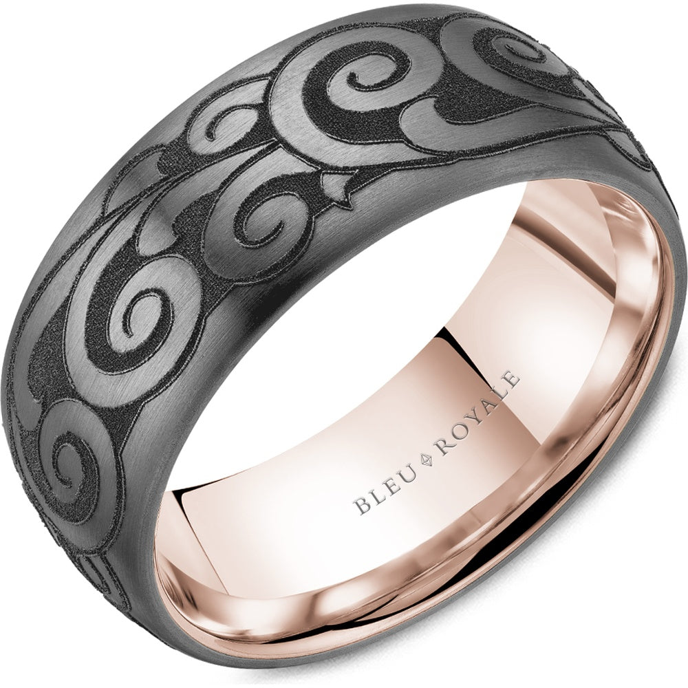 Bleu Royale Men's Wedding Band - 14K Rose Gold and Tantalum with Laser-Engraved Scroll Motif and Sandpaper Finish - 8.5mm Width from the Tantalum & Precious Metal Collection