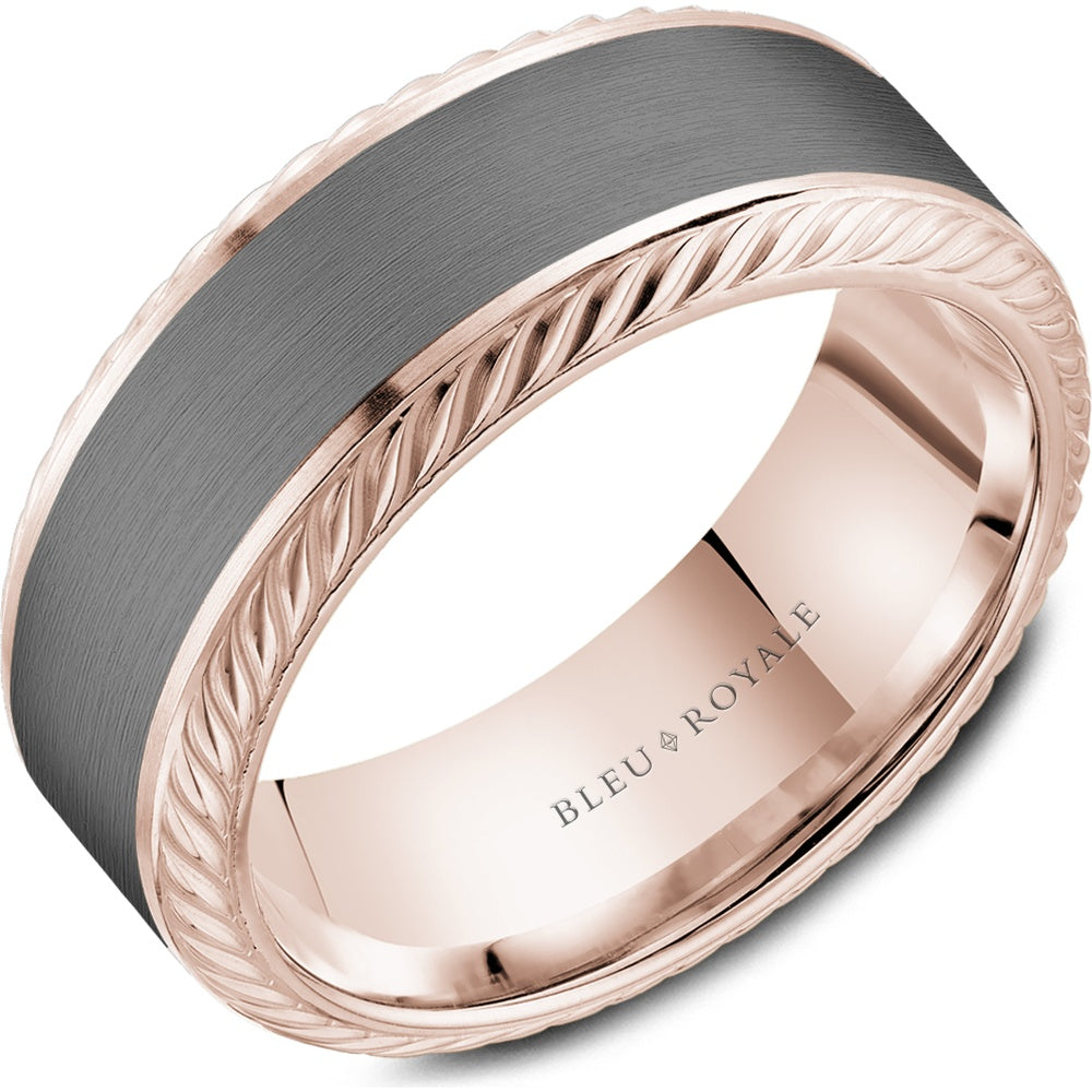 Bleu Royale Men's Wedding Band - 14K Rose Gold and Tantalum with Sandpaper Center and High Polish Rope Edge - 8.5mm Width from the Tantalum & Precious Metal Collection