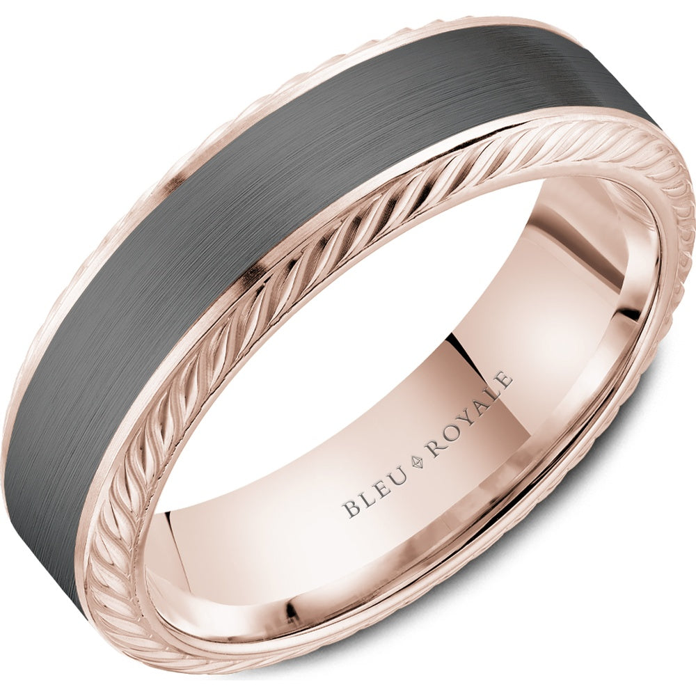 Bleu Royale Men's Wedding Band - 14K Rose Gold and Tantalum with Sandpaper Center and Rope Edge - 6.5mm Width from the Tantalum & Precious Metal Collection