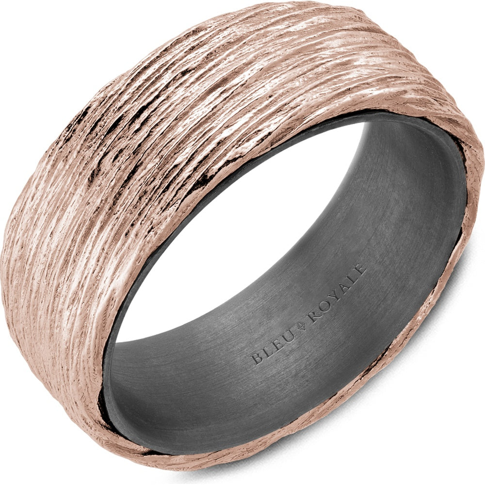 Bleu Royale Men's Wedding Band - 14K Rose Gold and Tantalum with Wire Pattern Texture - 8mm Width from the Tantalum & Precious Metal Collection