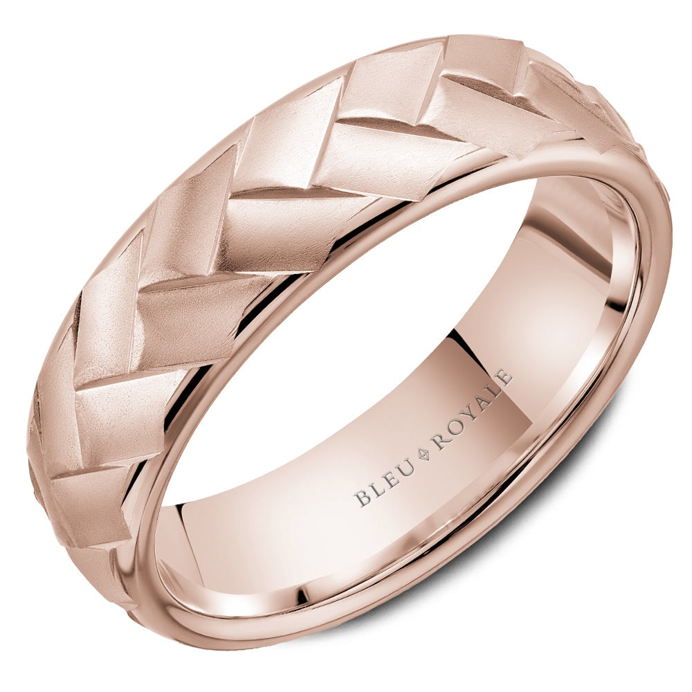 Bleu Royale Men's Wedding Band - 14K Rose Gold Braided with Frosted Center and High Polish Edges - 6.5mm Width from the Legacy Collection