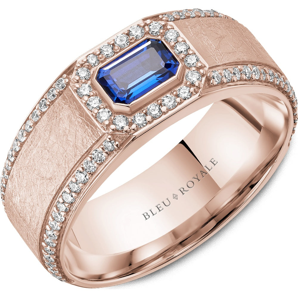 Bleu Royale Men's Wedding Band - 14K Rose Gold Brushed with Emerald Cut Blue Sapphire and Diamond Halo- 0.75 Carat Sapphire, 0.57 Carat Diamonds - 8mm Width from the Diamond Collection