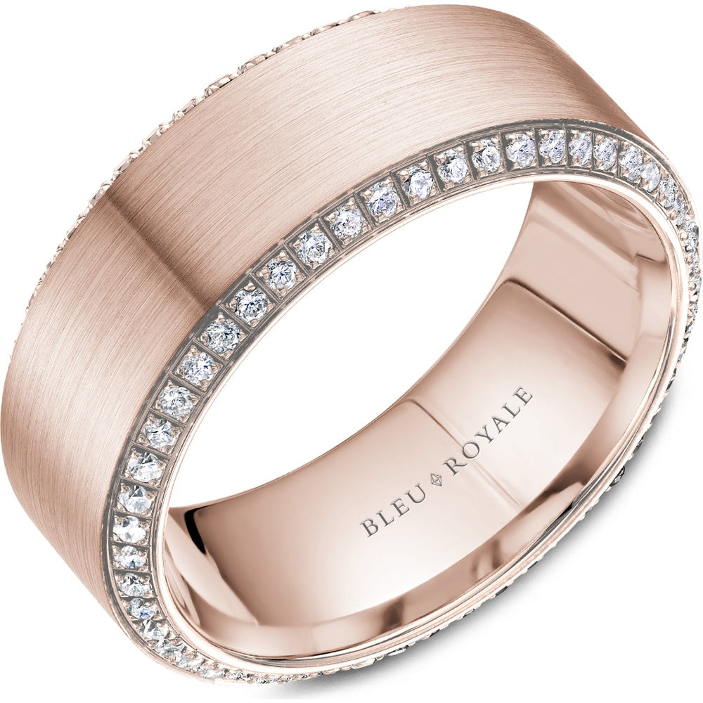 Bleu Royale Men's Wedding Band - 14K Rose Gold Brushed with Round Diamonds - 0.66 Carat Total Diamond Weight - 9mm Width from the Diamond Collection