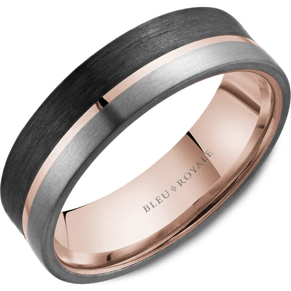 Bleu Royale Men's Wedding Band - 14K Rose Gold, Forged Carbon Fiber, and Tantalum with High Polish Center and Sandpaper Edges - 7.5mm Width from the Tantalum & Precious Metal Collection