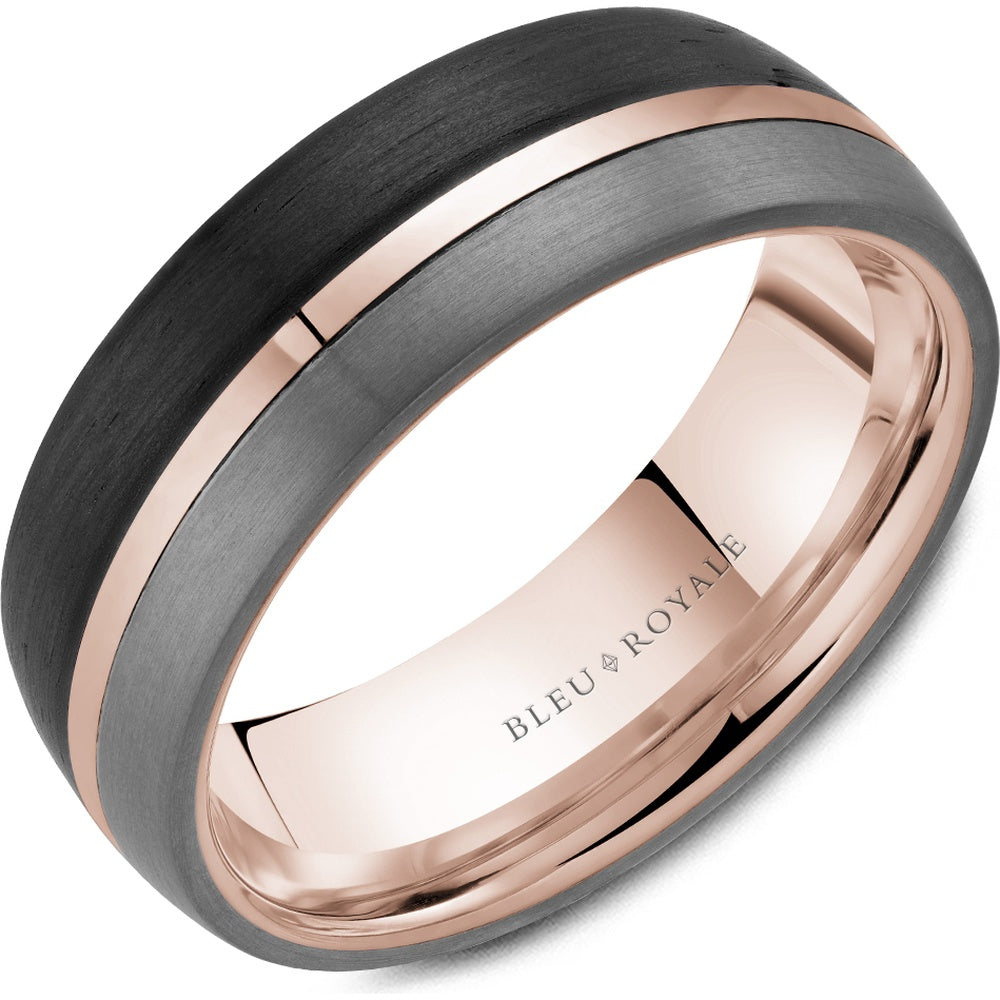Bleu Royale Men's Wedding Band - 14K Rose Gold, Forged Carbon Fiber, and Tantalum with High Polish Center and Sandpaper Edges - 7.5mm Width from the Tantalum & Precious Metal Collection