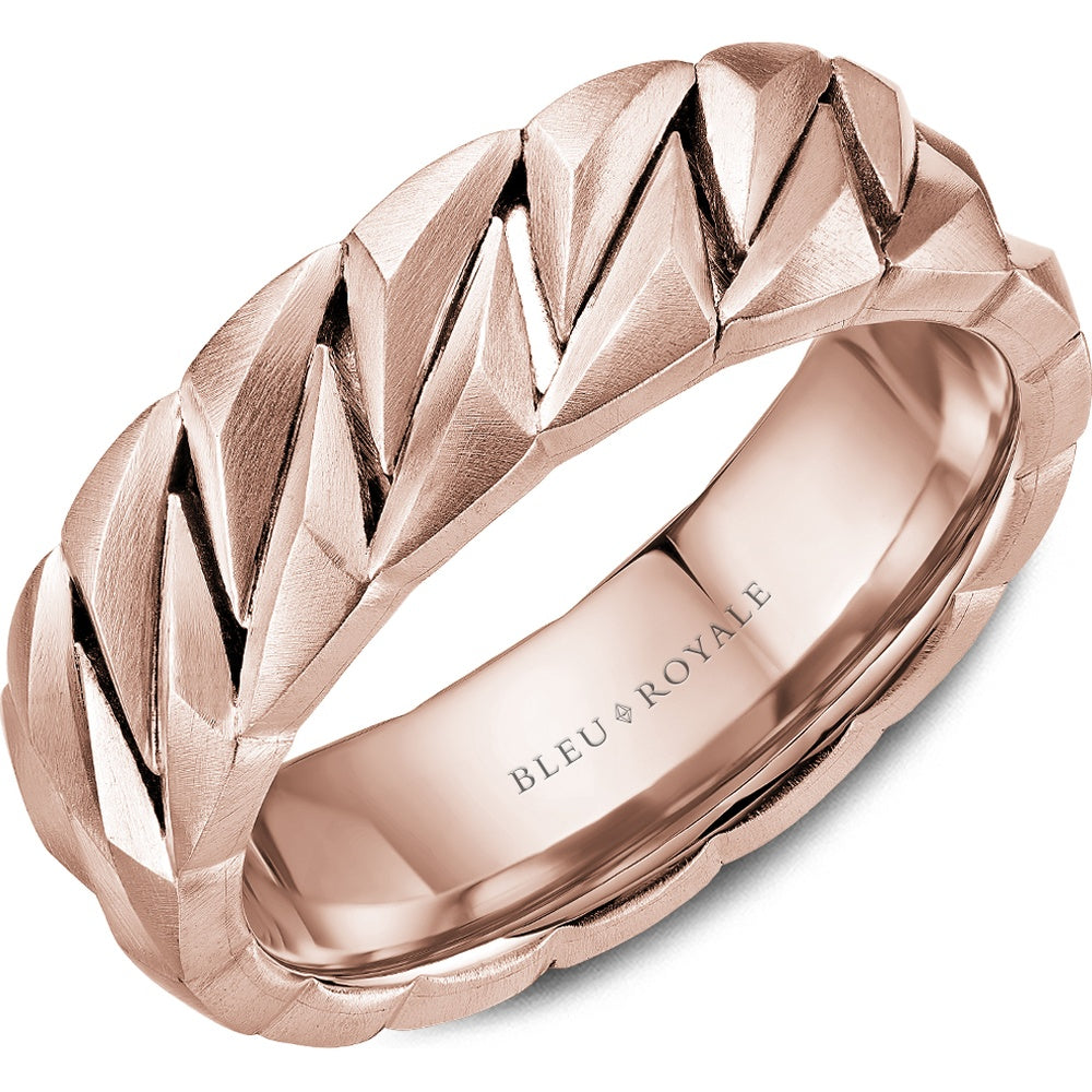 Bleu Royale Men's Wedding Band - 14K Rose Gold Geometric Faceted with Sandpaper Finish and High Polish Interior - 7mm Width from the Geometric Collection