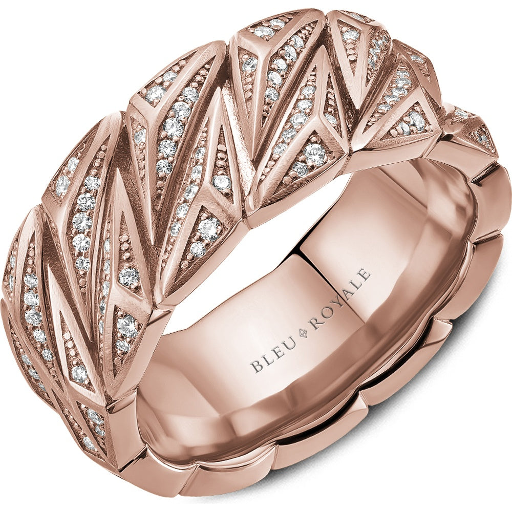 Bleu Royale Men's Wedding Band - 14K Rose Gold Geometric with Round Diamond Chevron Pattern- 0.74 Carat Total Diamond Weight - 10mm Width from the Geometric Collection