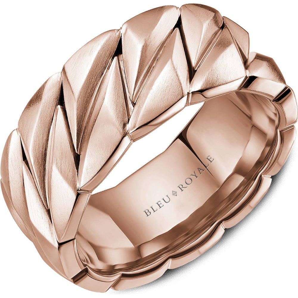 Bleu Royale Men's Wedding Band - 14K Rose Gold Geometric with Sandpaper Finish and High Polish Interior - 10mm Width from the Geometric Collection