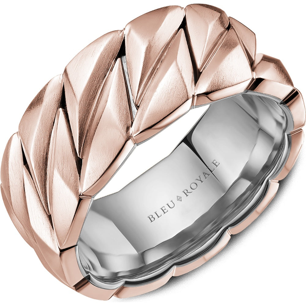 Bleu Royale Men's Wedding Band - 14K Rose Gold Geometric with Sandpaper Top and High Polish Interior - 10mm Width from the Geometric Collection