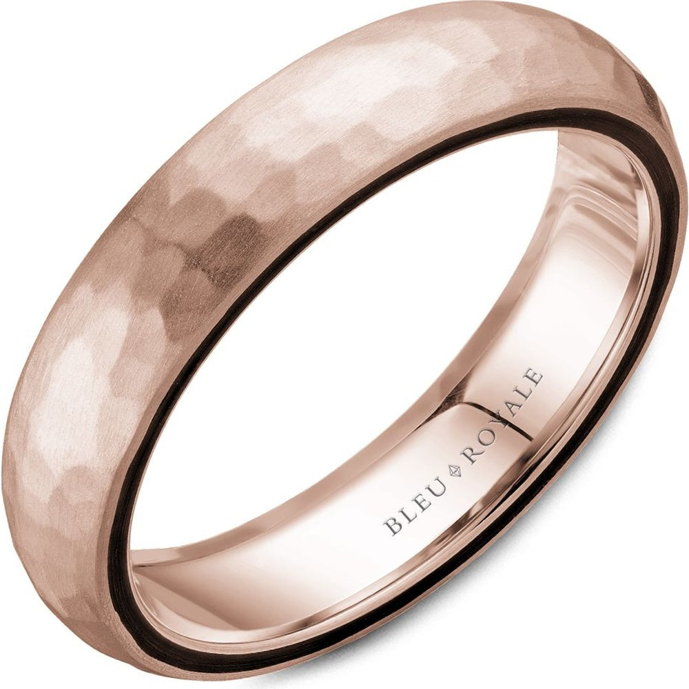 Bleu Royale Men's Wedding Band - 14K Rose Gold Hammered with Black Enamel Inlay - 5mm Width from the Distinct Collection