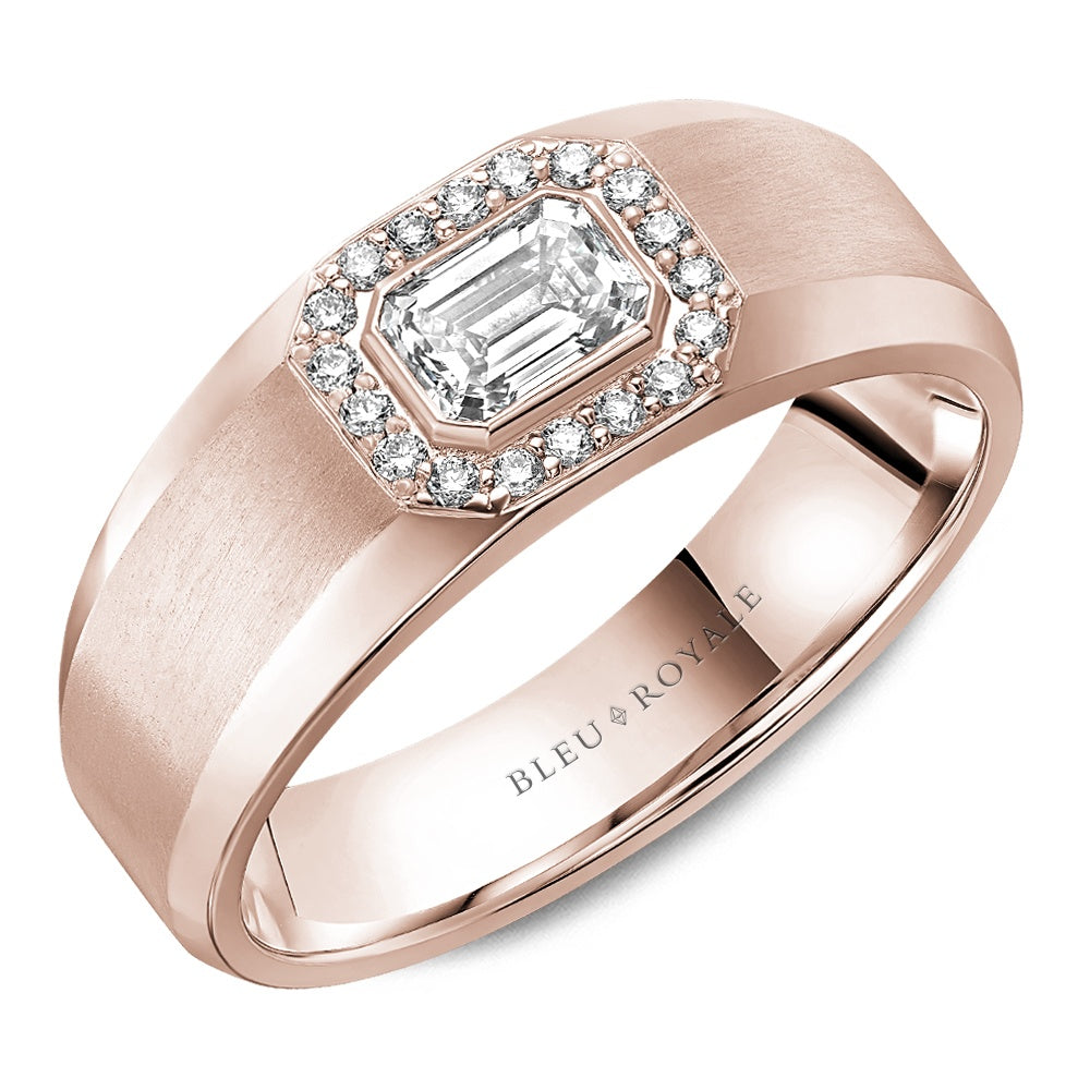 Bleu Royale Men's Wedding Band - 14K Rose Gold Tapered with Bezel-Set Emerald-Cut Center Diamond and Round Diamond Halo- 0.63 Carat Total Diamond Weight - 8mm Width from the Diamond Collection