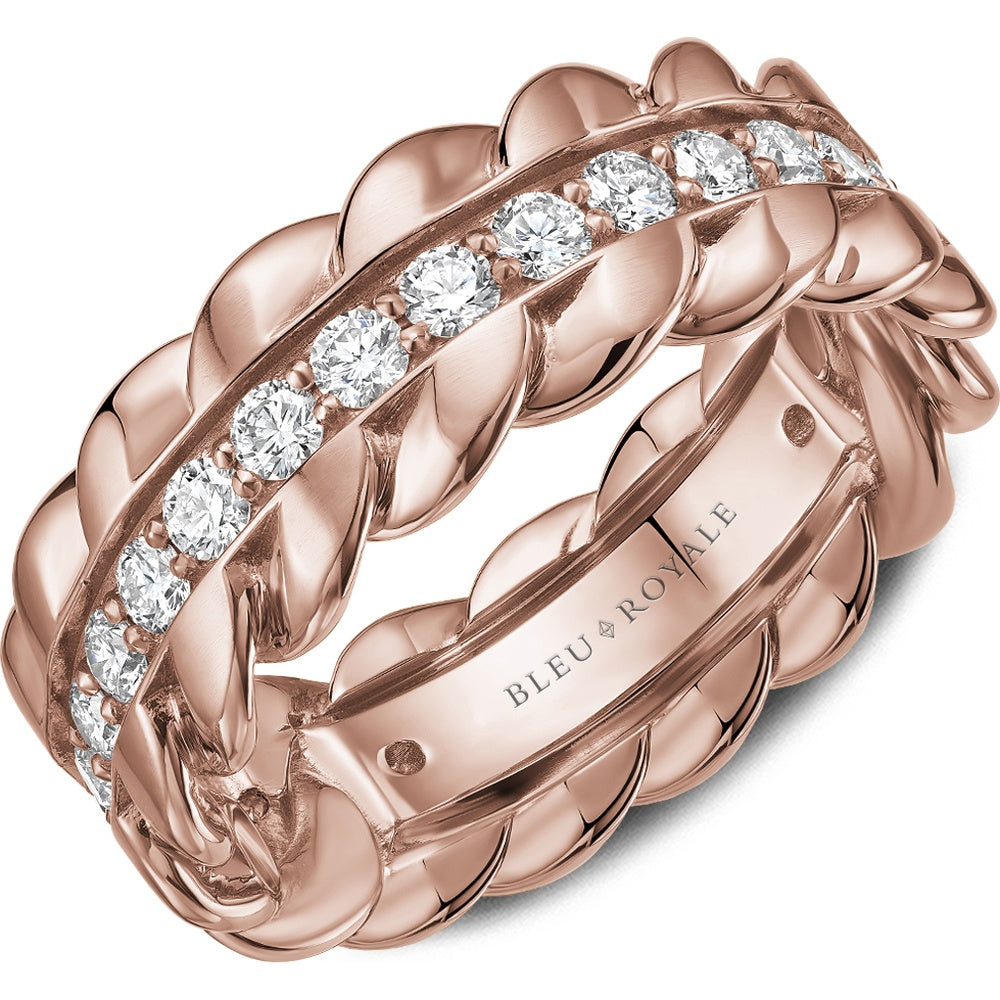 Bleu Royale Men's Wedding Band - 14K Rose Gold Twisted with Channel-Set Round Diamonds - 1.5 Carat Total Diamond Weight - 8mm Width from the Geometric Collection