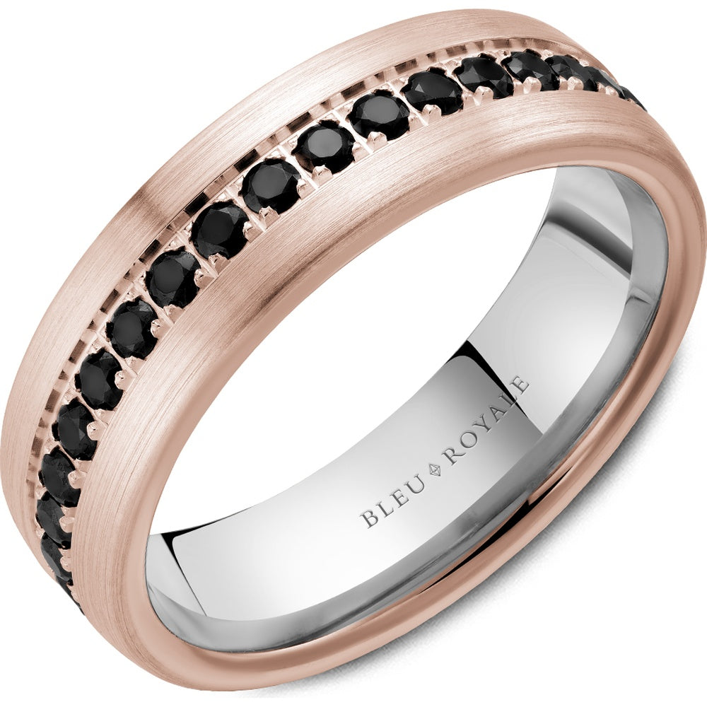 Bleu Royale Men's Wedding Band - 14K Rose Gold Two-Tone with Channel Set Black Round Diamonds - 1.008 Carat Total Diamond Weight - 6.5mm Width from the Diamond Collection