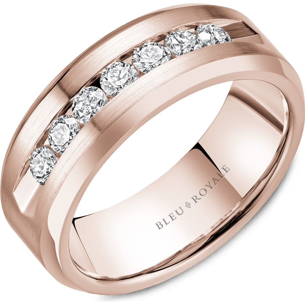 Bleu Royale Men's Wedding Band - 14K Rose Gold with 7 Round Diamonds and Sandpaper Finish- 0.7 Carat Total Diamond Weight - 8mm Width from the Diamond Collection