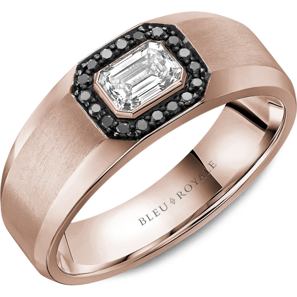 Bleu Royale Men's Wedding Band - 14K Rose Gold with Bezel-Set Emerald Cut Center Diamond and Black Diamond Halo- 0.63 Carat Total Diamond Weight - 8mm Width from the Diamond Collection