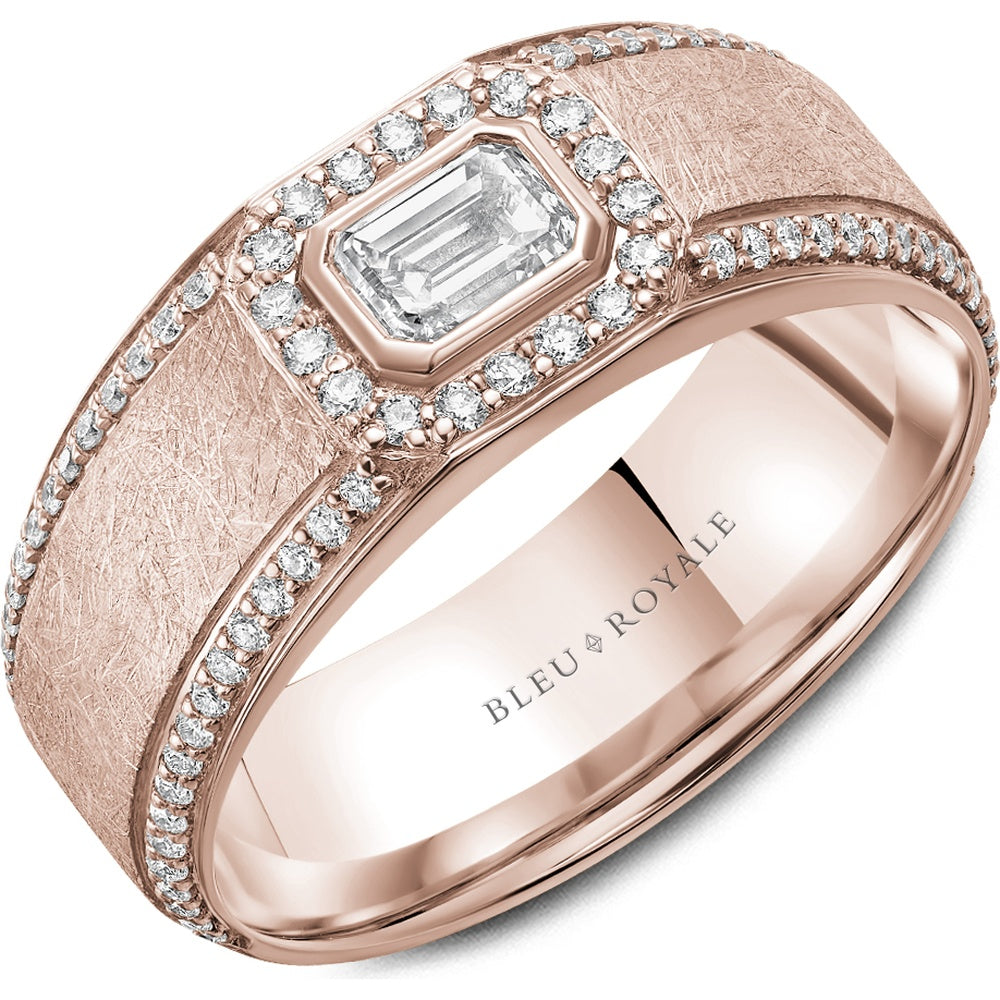 Bleu Royale Men's Wedding Band - 14K Rose Gold with Bezel-Set Emerald Cut Diamond and Pavé Halo- 1.07 Carat Total Diamond Weight - 8mm Width from the Diamond Collection