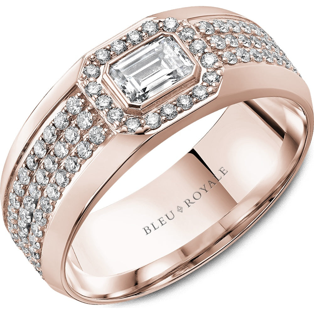 Bleu Royale Men's Wedding Band - 14K Rose Gold with Bezel-Set Emerald Cut Diamond and Pavé Round Diamond Shoulders- 1.33 Carat Total Diamond Weight - 8mm Width from the Diamond Collection