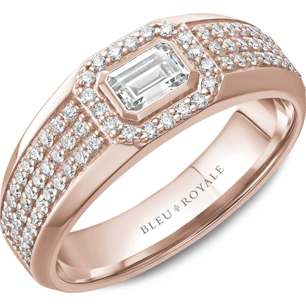 Bleu Royale Men's Wedding Band - 14K Rose Gold with Bezel-Set Emerald Cut Diamond and Triple Row Pavé Shoulders- 1.27 Carat Total Diamond Weight - 8mm Width from the Diamond Collection
