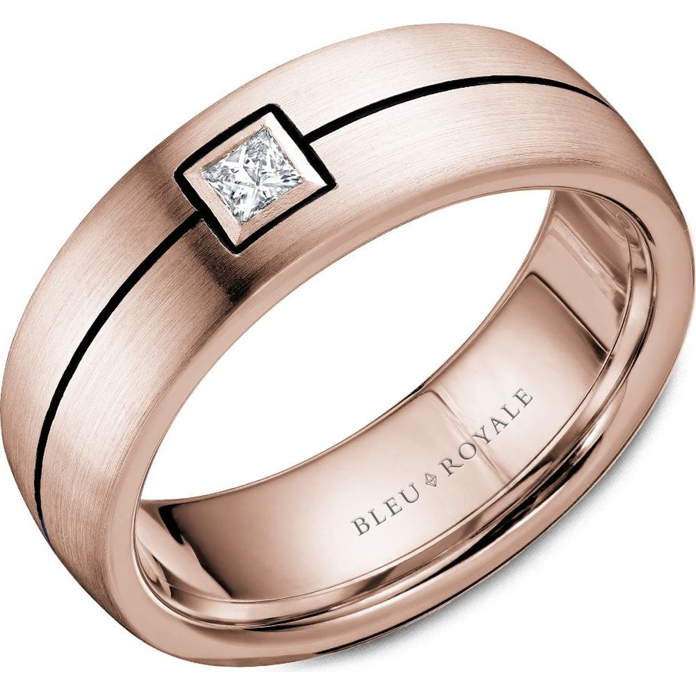 Bleu Royale Men's Wedding Band - 14K Rose Gold with Bezel-Set Princess Cut Diamond and Black Enamel Accent- 0.15 Carat Total Diamond Weight - 7.5mm Width from the Diamond Collection