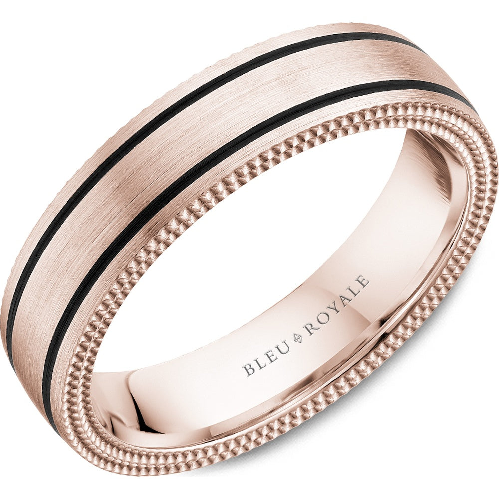 Bleu Royale Men's Wedding Band - 14K Rose Gold with Black Ceramic Inlays and Sandpaper Finish - 5.5mm Width from the Distinct Collection