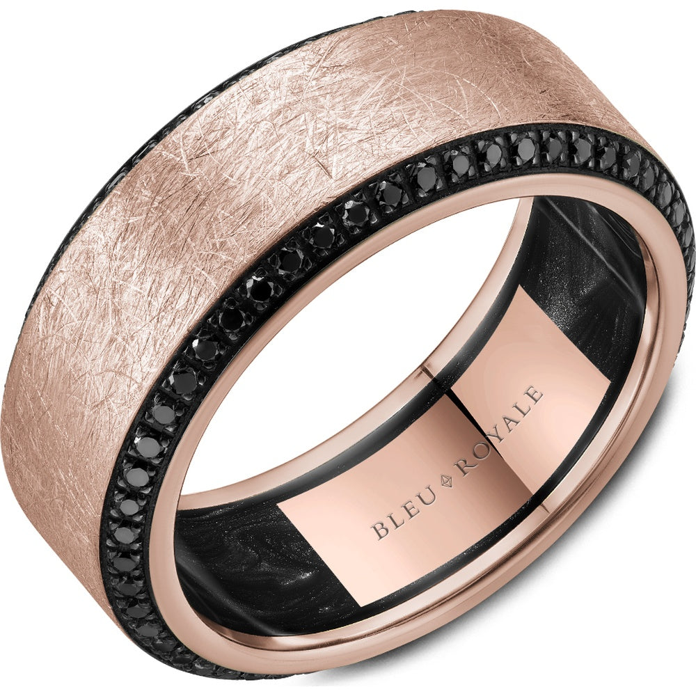 Bleu Royale Men's Wedding Band - 14K Rose Gold with Black Diamond Pavé and Brushed Finish- 0.7 Carat Total Diamond Weight - 9mm Width from the Diamond Collection
