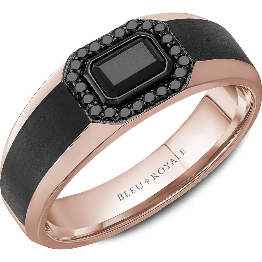 Bleu Royale Men's Wedding Band - 14K Rose Gold with Black Emerald-Cut Center and Black Diamond Halo- 0.88 Carat Total Gem Weight - 8mm Width from the Diamond Collection