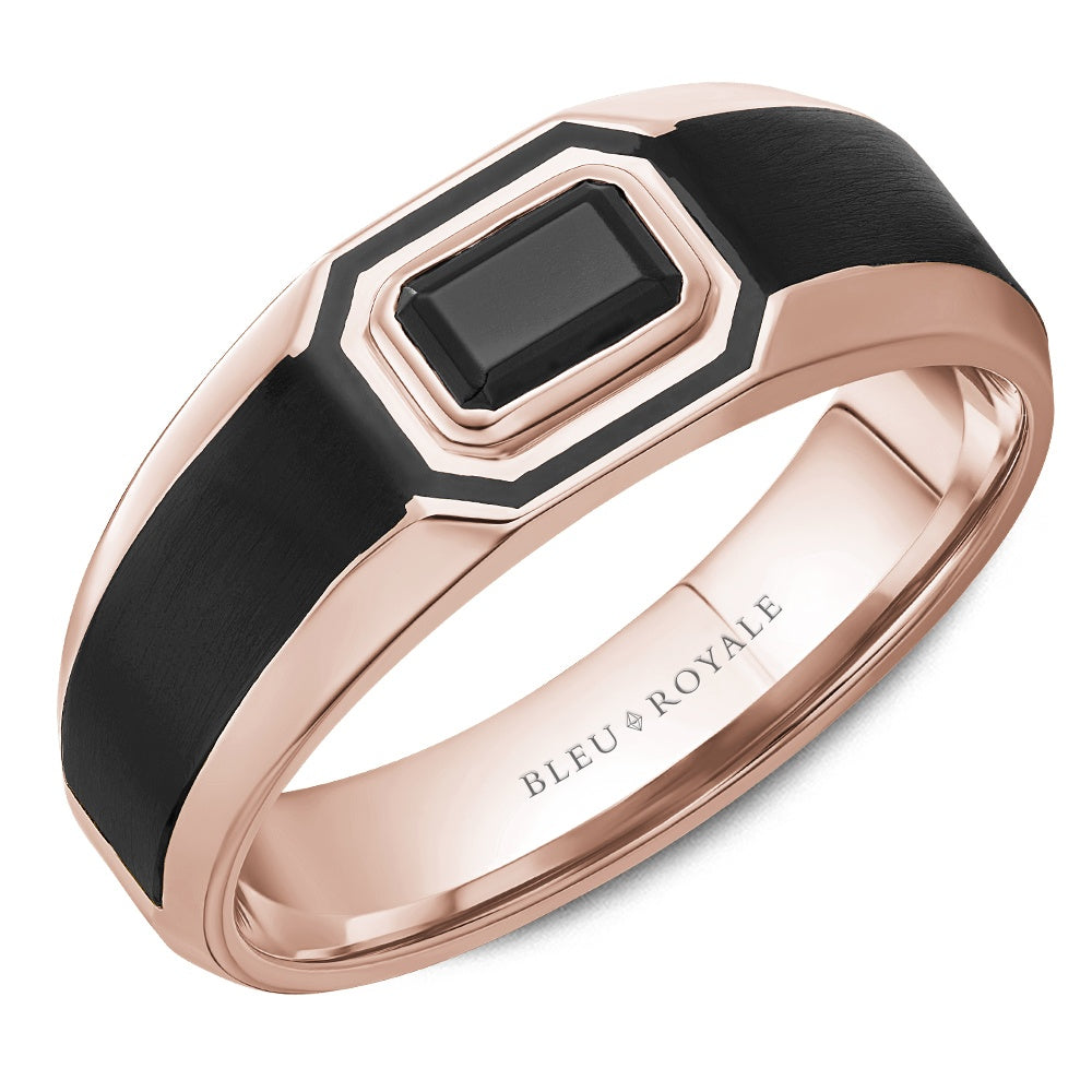 Bleu Royale Men's Wedding Band - 14K Rose Gold with Black Emerald-Cut Stone and Black Enamel- 0.75 Carat Total Emerald Weight - 8mm Width from the Diamond Collection