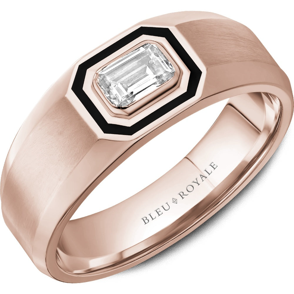 Bleu Royale Men's Wedding Band - 14K Rose Gold with Black Enamel and 0.5 Carat Emerald Cut Diamond Center- Tapered - 8mm Width from the Diamond Collection