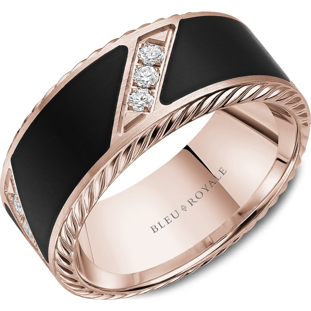 Bleu Royale Men's Wedding Band - 14K Rose Gold with Black Enamel and Round Diamond Accents- 0.34 Carat Total Diamond Weight - 9.5mm Width from the Diamond Collection