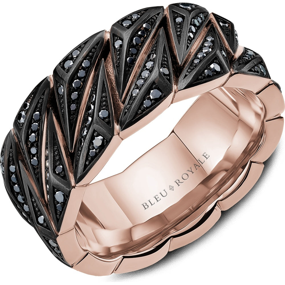 Bleu Royale Men's Wedding Band - 14K Rose Gold with Black Rhodium and 192 Black Round Diamonds - 0.9 Carat Total Diamond Weight - 10mm Width from the Geometric Collection