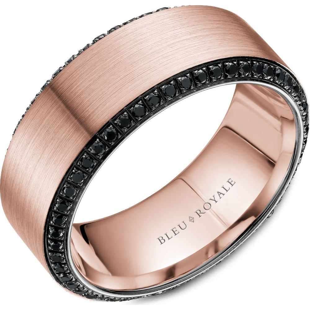 Bleu Royale Men's Wedding Band - 14K Rose Gold with Black Round Diamonds and Sandpaper Finish- 0.71 Carat Total Diamond Weight - 9mm Width from the Diamond Collection