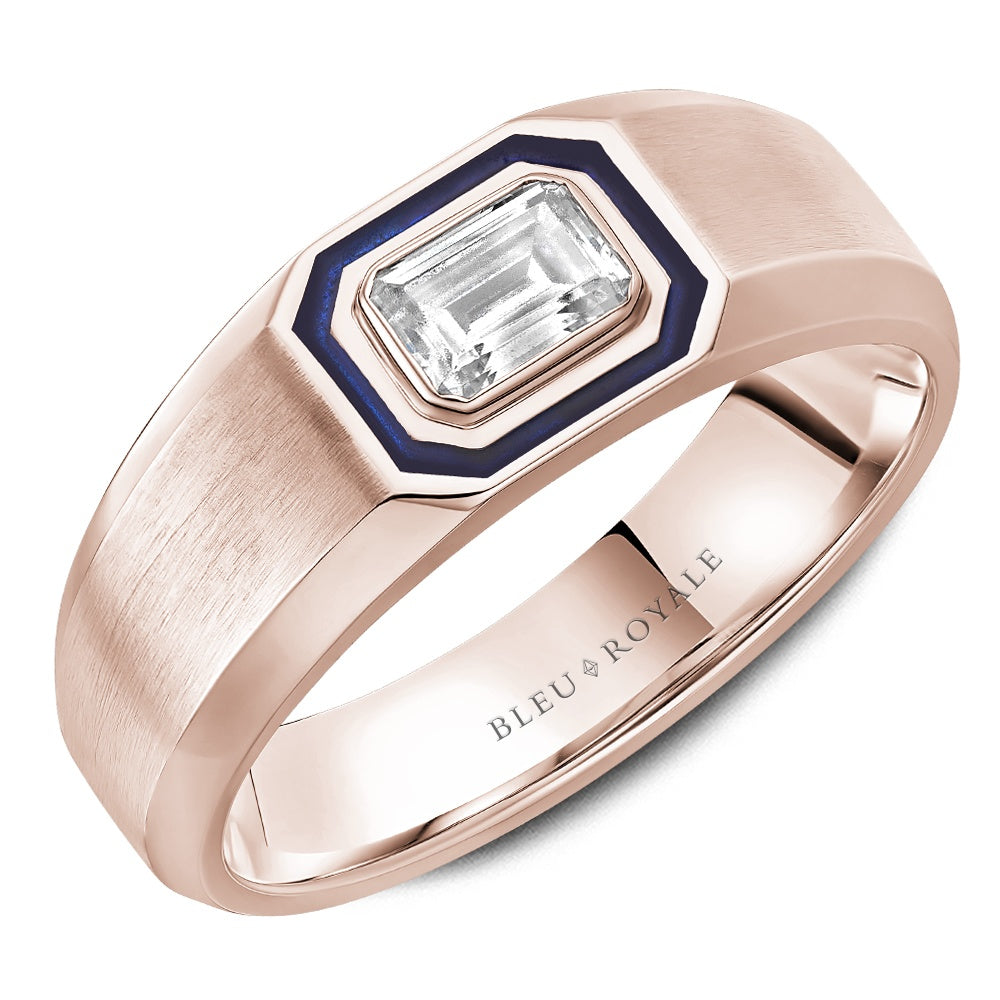 Bleu Royale Men's Wedding Band - 14K Rose Gold with Blue Enamel and 0.5 Carat Emerald Cut Diamond - Tapered 5MM to - 8mm Width from the Diamond Collection