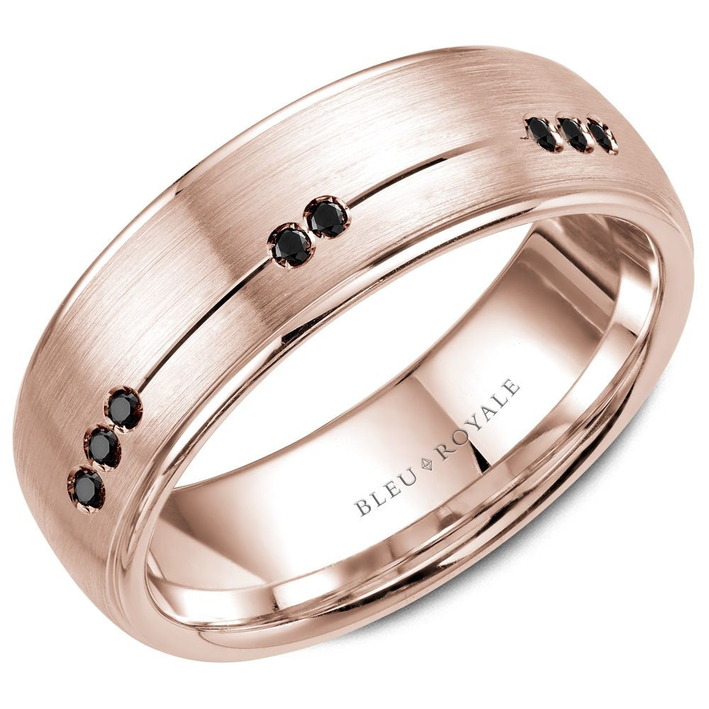 Bleu Royale Men's Wedding Band - 14K Rose Gold with Brushed Center and 8 Black Round Diamonds - 0.05 Carat Total Diamond Weight - 7.5mm Width from the Diamond Collection