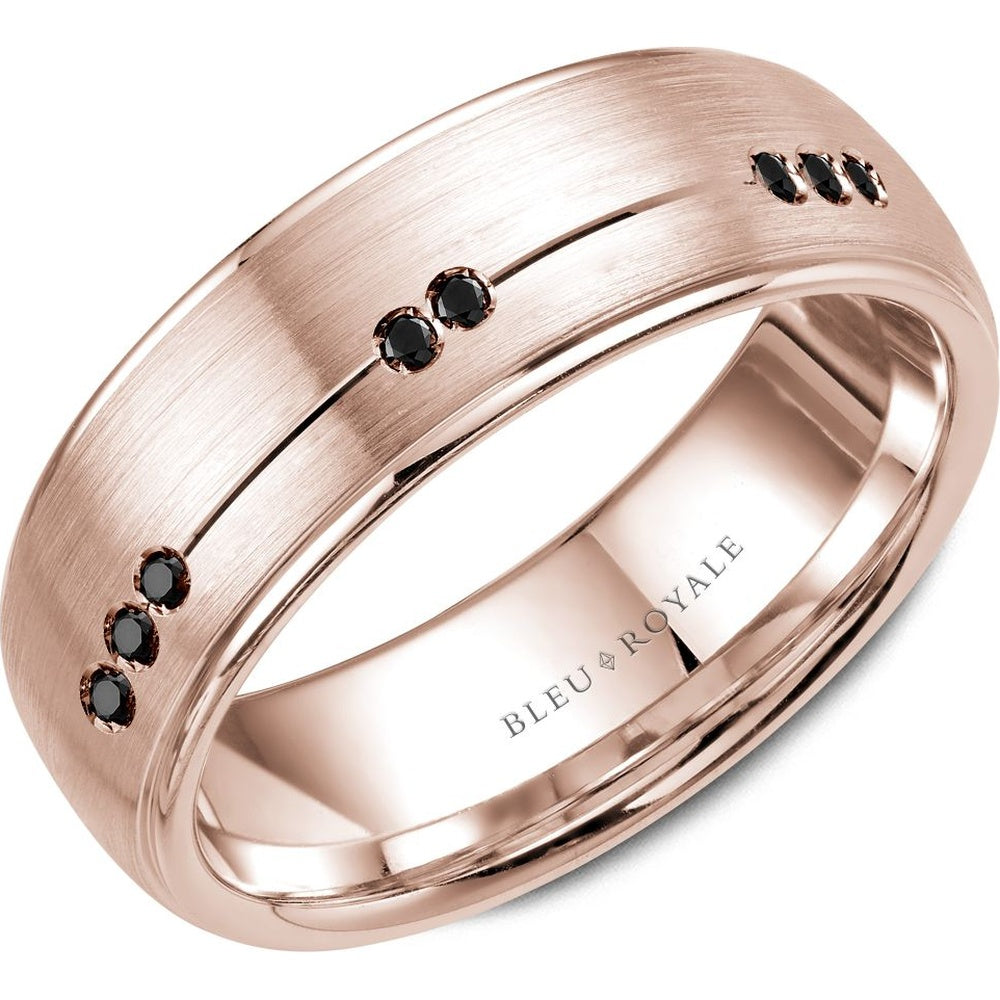 Bleu Royale Men's Wedding Band - 14K Rose Gold with Brushed Sandpaper Center and Flush-Set Black Round Diamonds - 0.05 Carat Total Diamond Weight - 7.5mm Width from the Diamond Collection