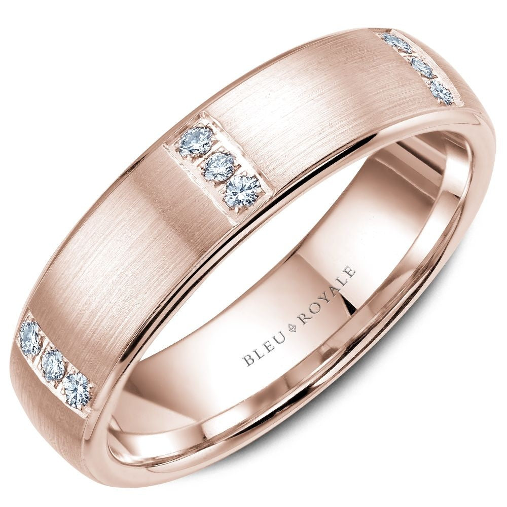 Bleu Royale Men's Wedding Band - 14K Rose Gold with Brushed Sandpaper Finish and Flush-Set Round Diamonds - 0.16 Carat Total Diamond Weight - 6mm Width from the Diamond Collection