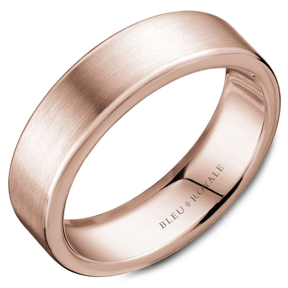 Bleu Royale Men's Wedding Band - 14K Rose Gold with Brushed Sandpaper Finish and High Polish Edges - 6.5mm Width from the Legacy Collection