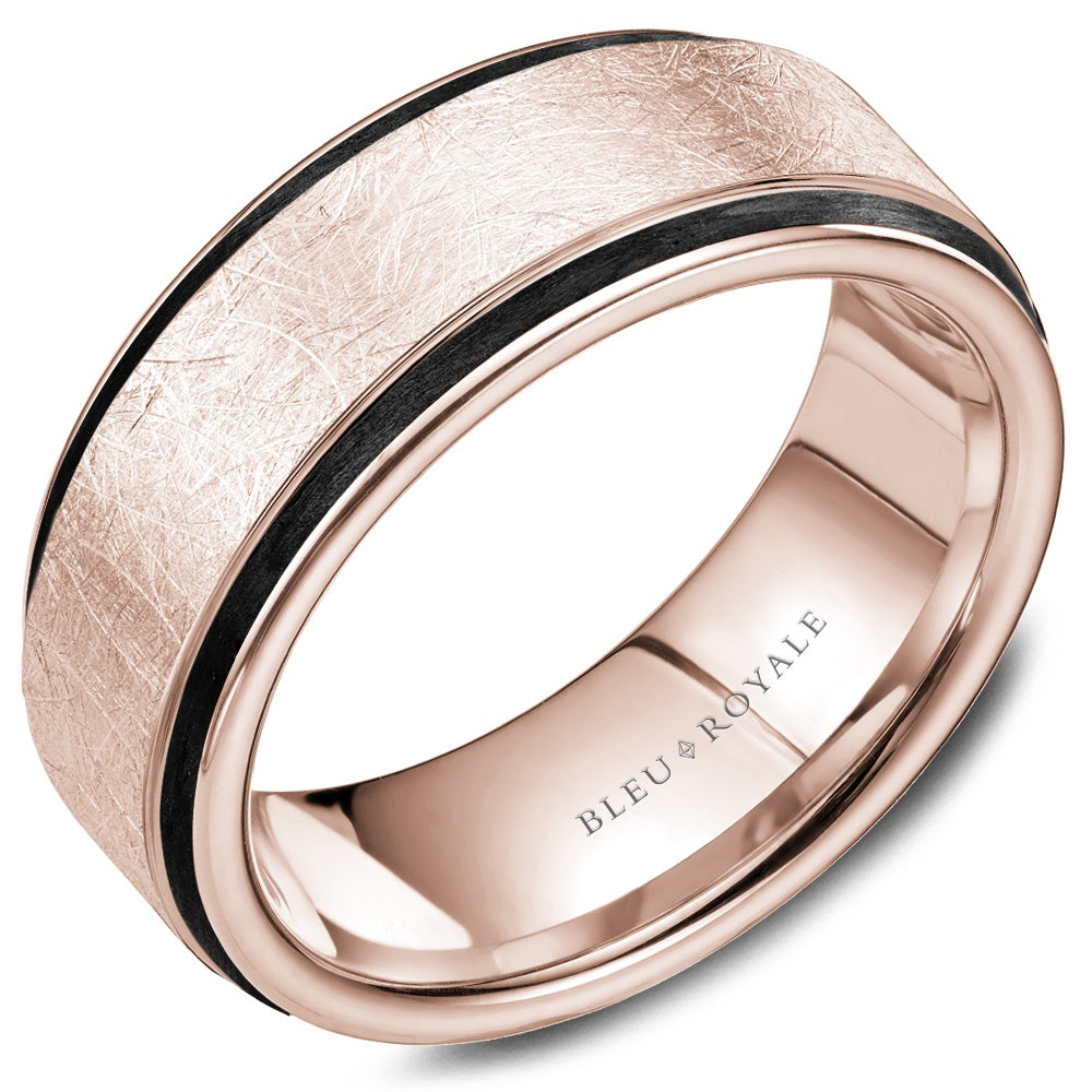 Bleu Royale Men's Wedding Band - 14K Rose Gold with Diamond-Brushed Center and Polished Grooved Edges - 8.5mm Width from the Distinct Collection