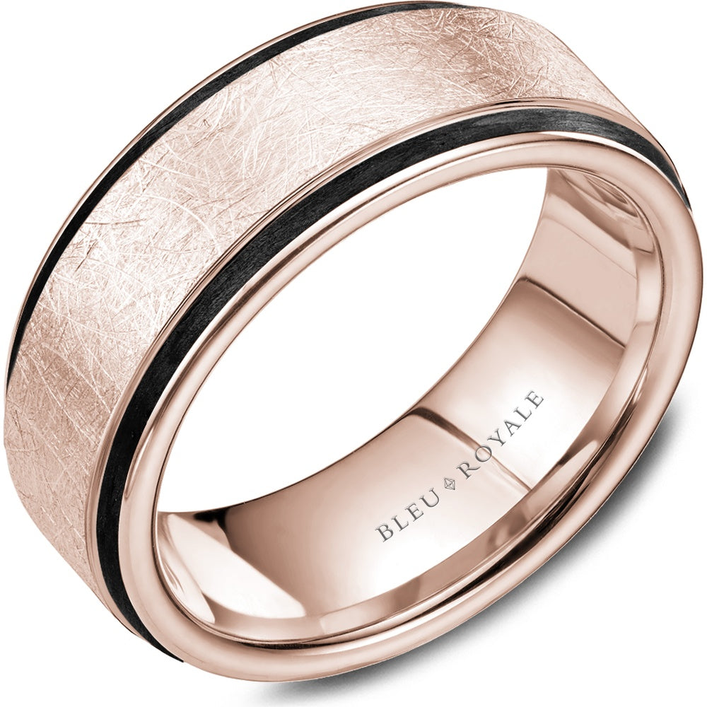 Bleu Royale Men's Wedding Band - 14K Rose Gold with Diamond Brushed Finish - 8.5mm Width from the Distinct Collection