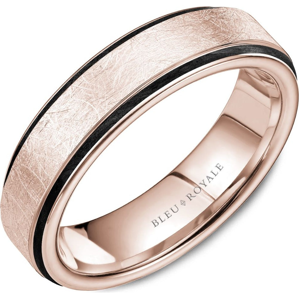 Bleu Royale Men's Wedding Band - 14K Rose Gold with Diamond-Brushed Finish and Black Groove Edges - 6mm Width from the Distinct Collection