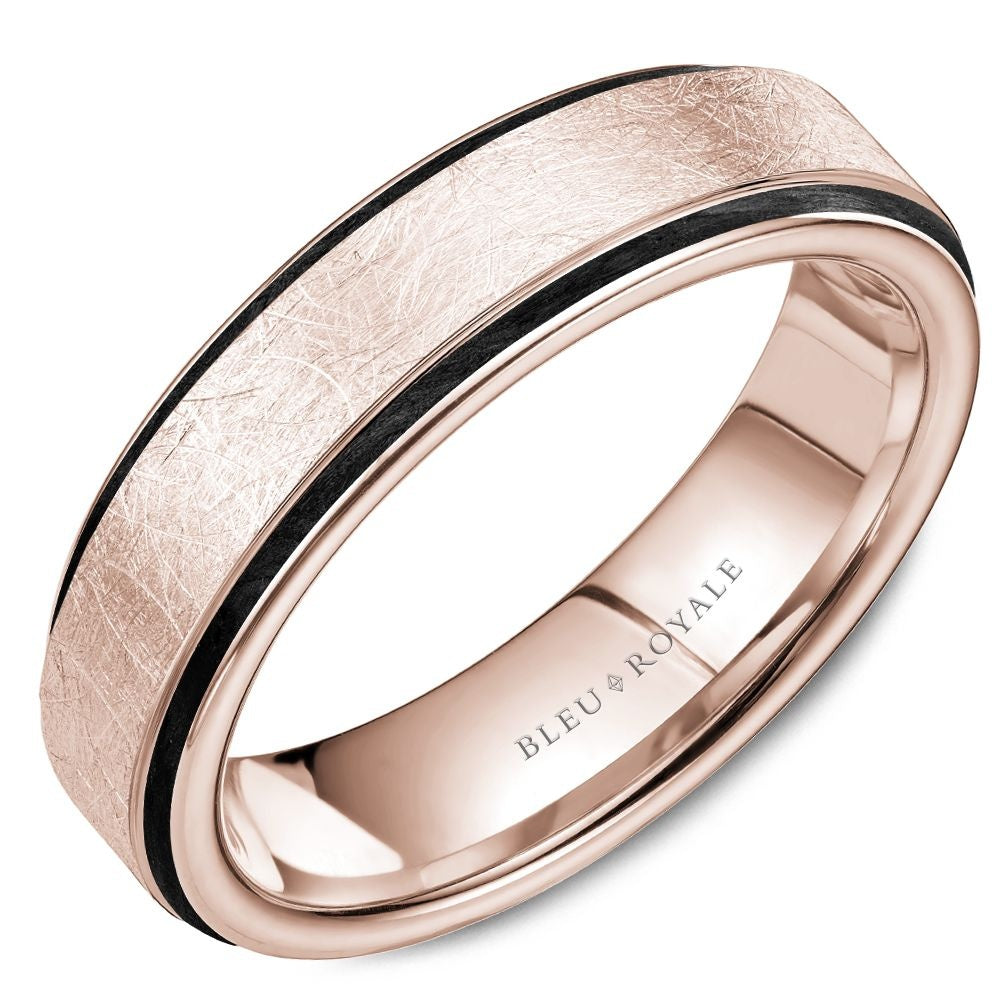 Bleu Royale Men's Wedding Band - 14K Rose Gold with Diamond Brushed Finish and Polished Edges - 6mm Width from the Distinct Collection